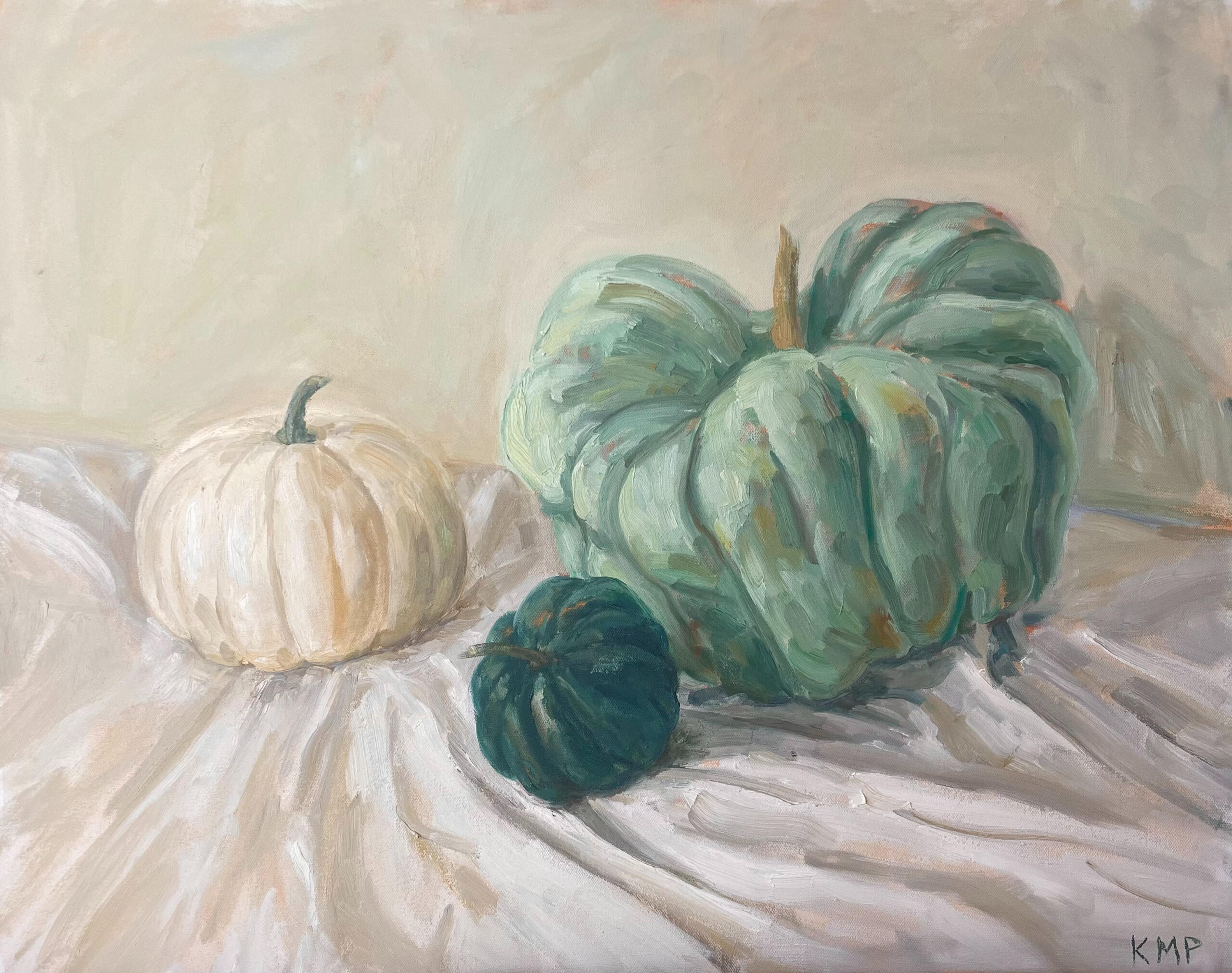 Original oil still life painting of autumn pumpkins from a midwest farm